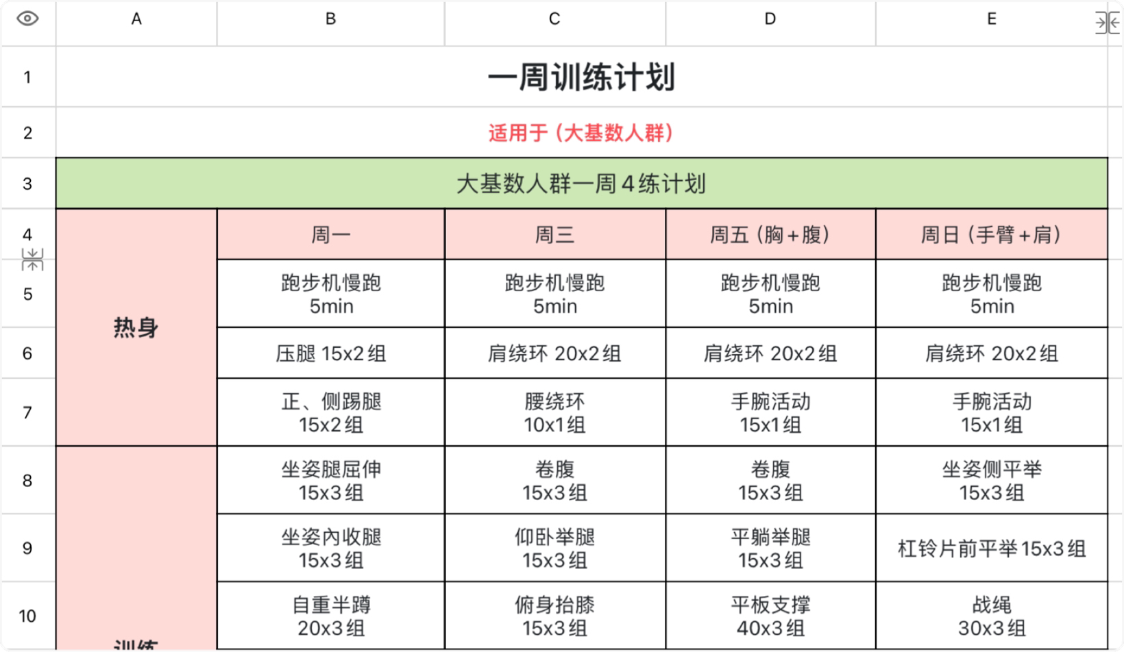 一周训练计划（大基数）