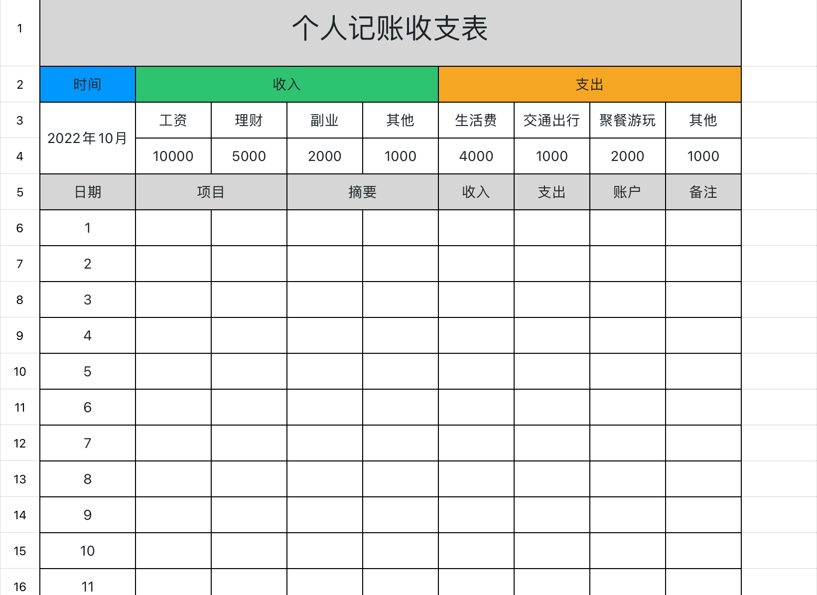 个人记账收支表1