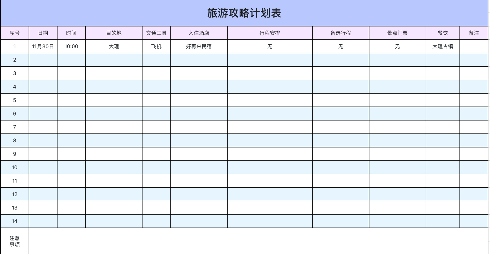 便捷简易旅游攻略计划表