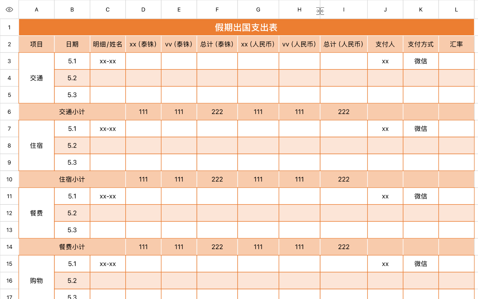假期出国支出表