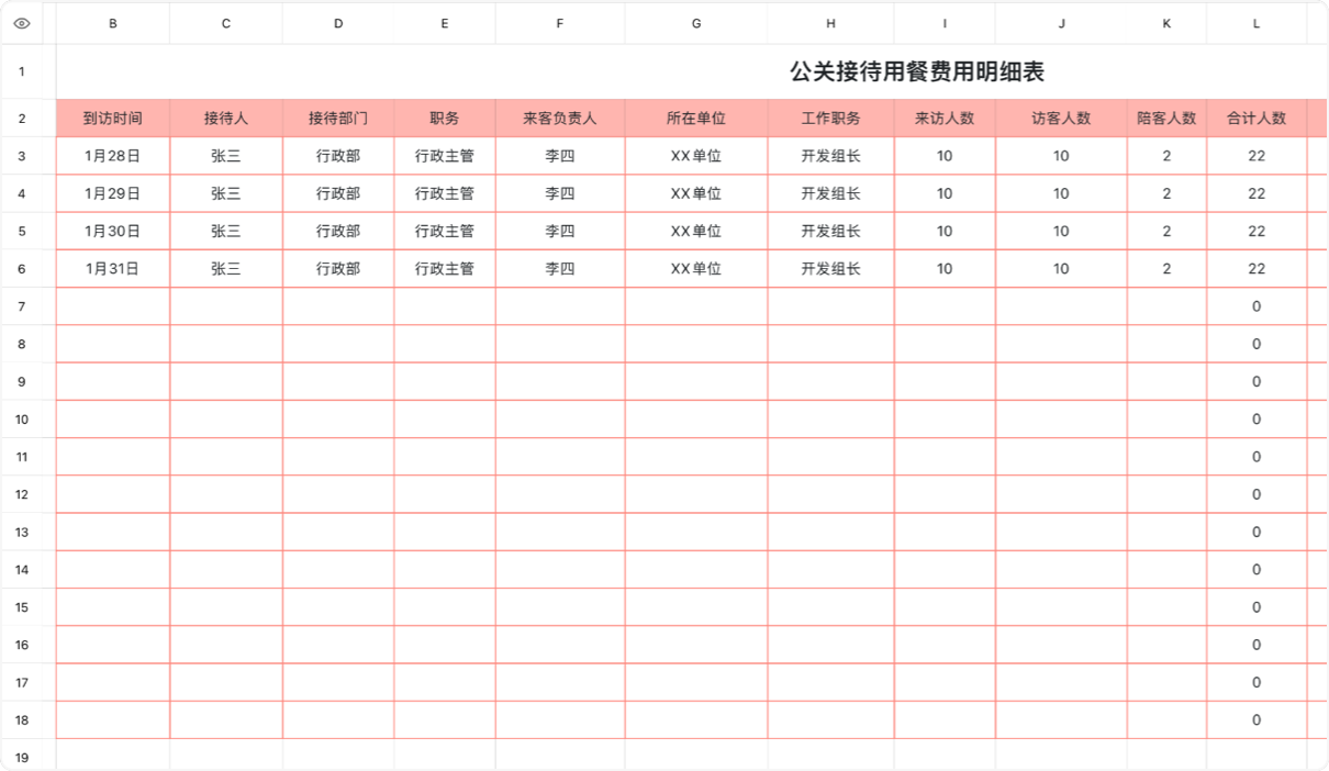 公关接待用餐费用明细表