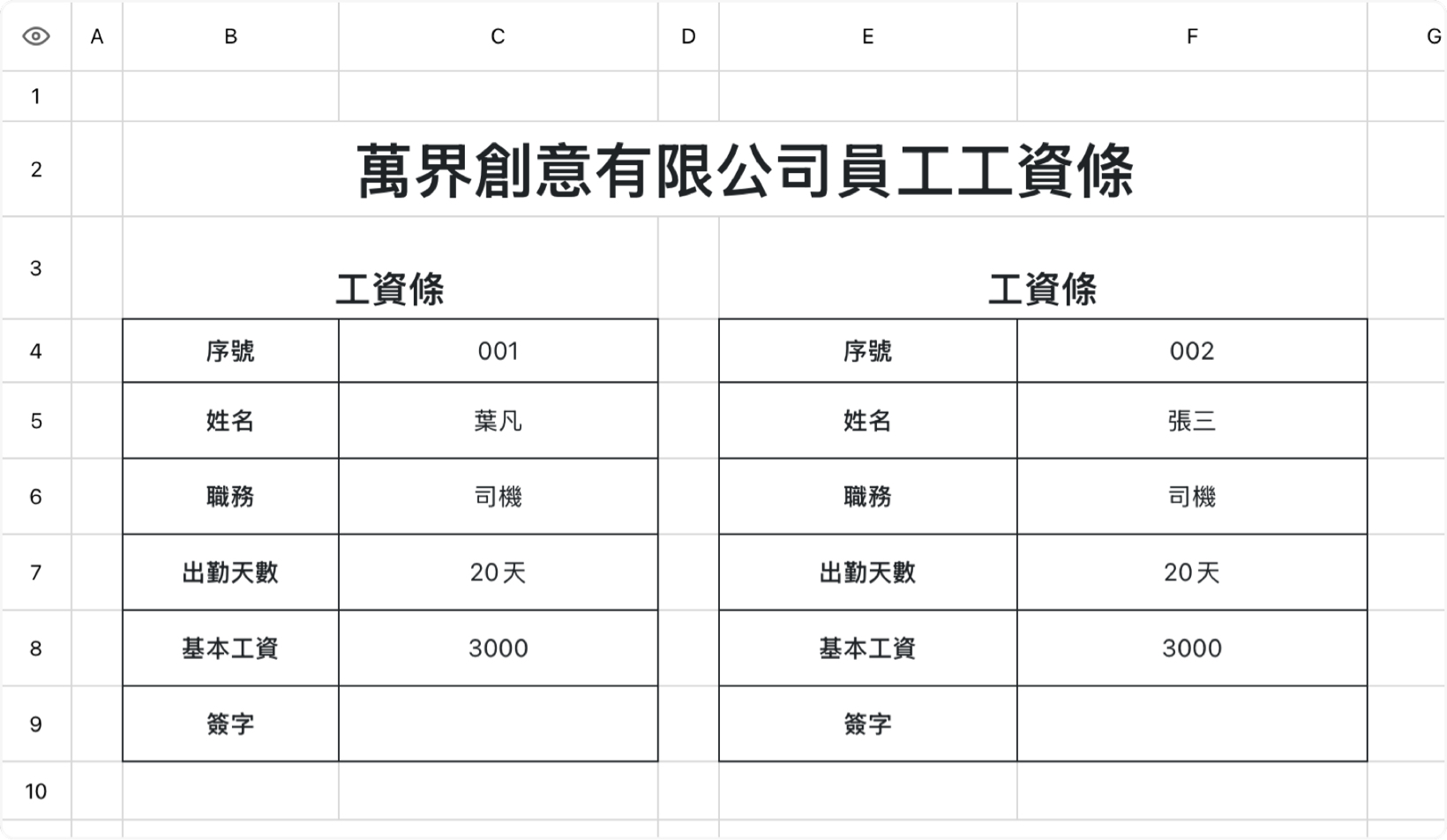 公司員工工資條