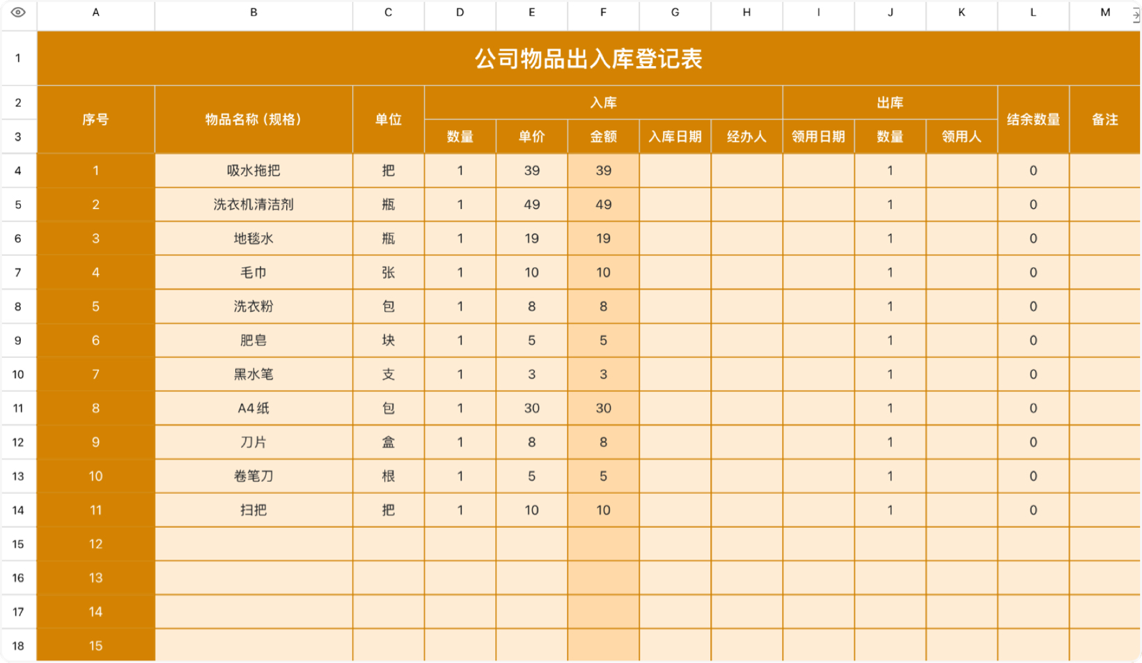 公司物品出入库登记表