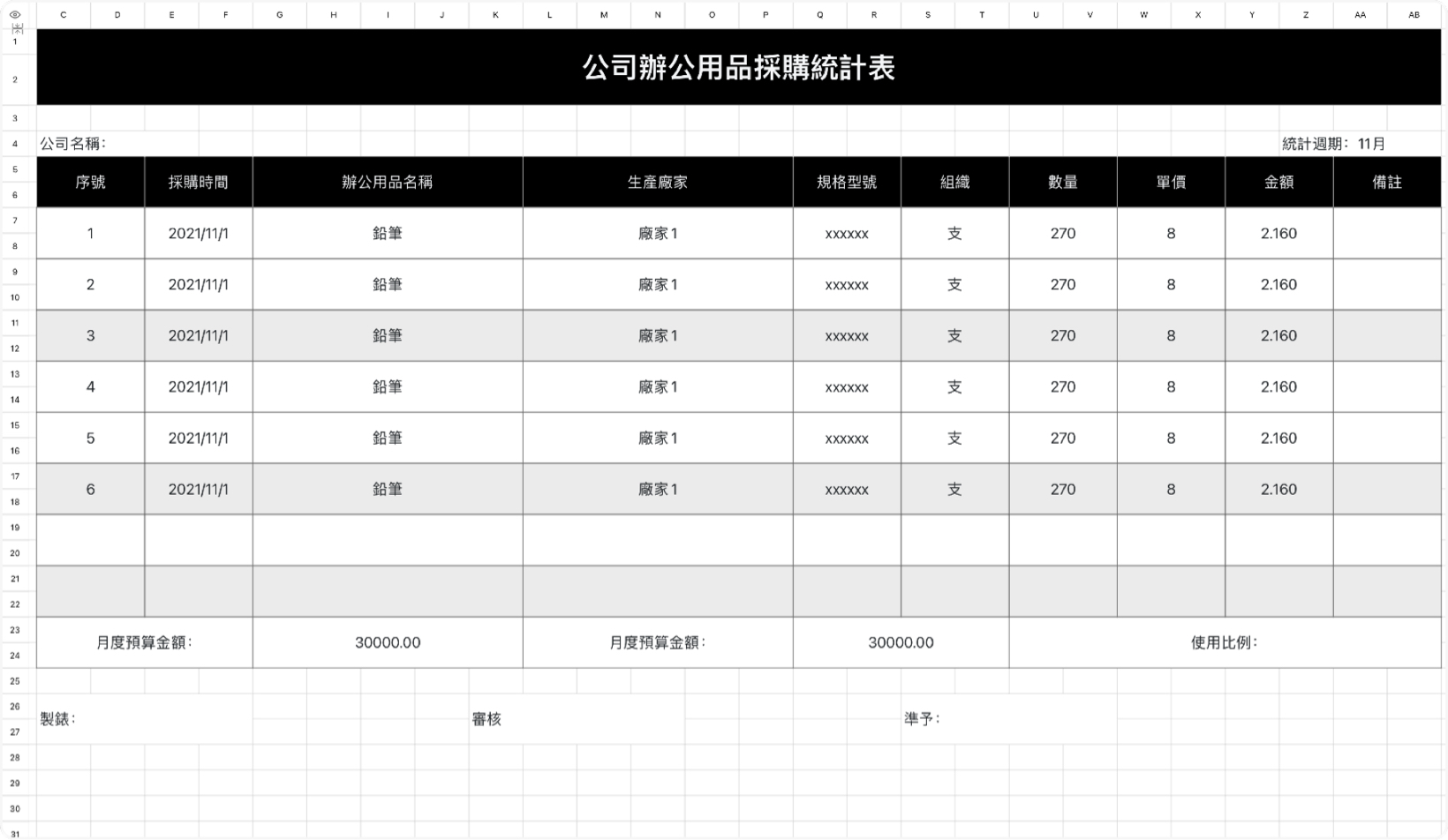 公司办公用品采购统计表