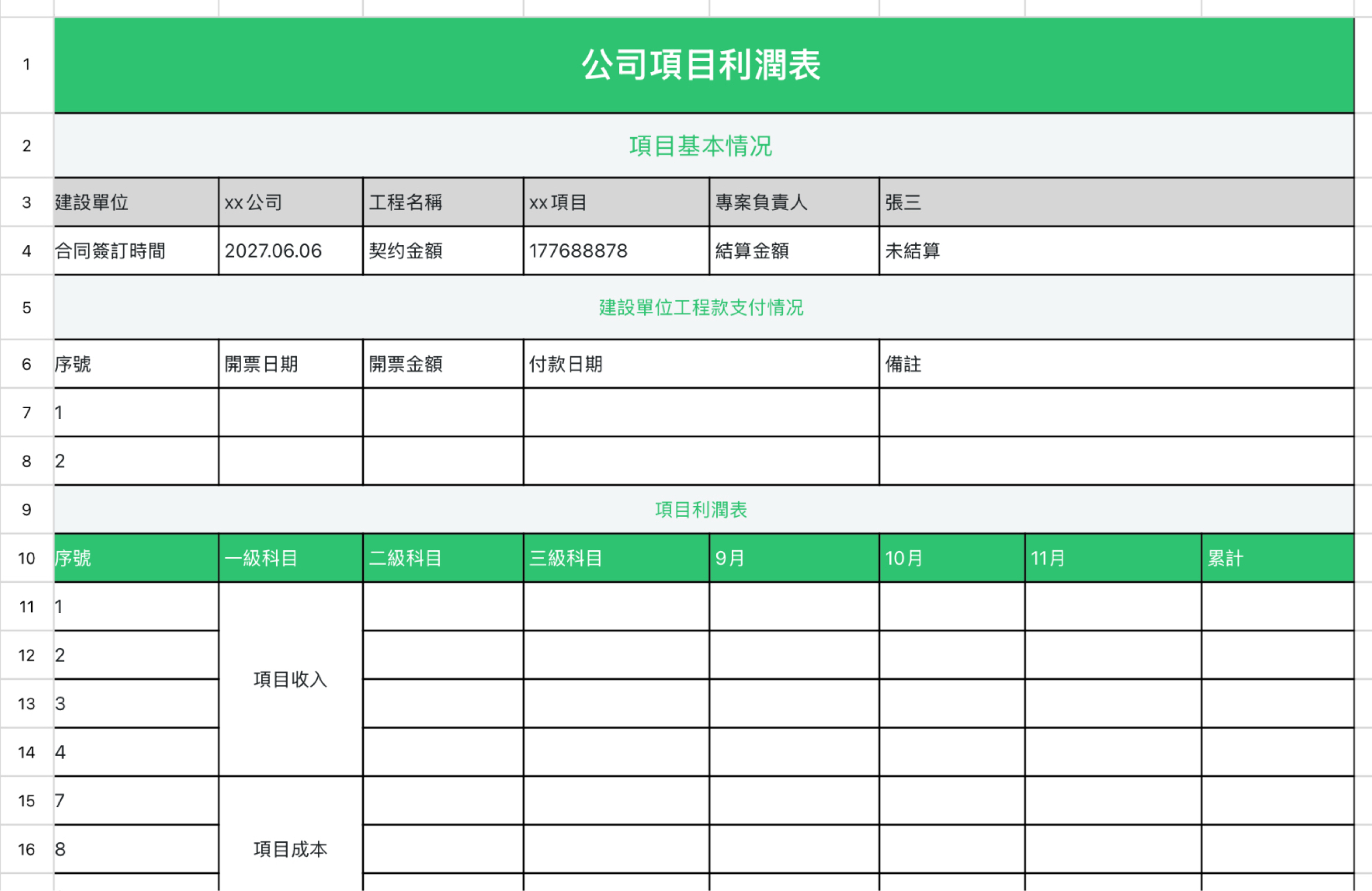 公司项目利润表