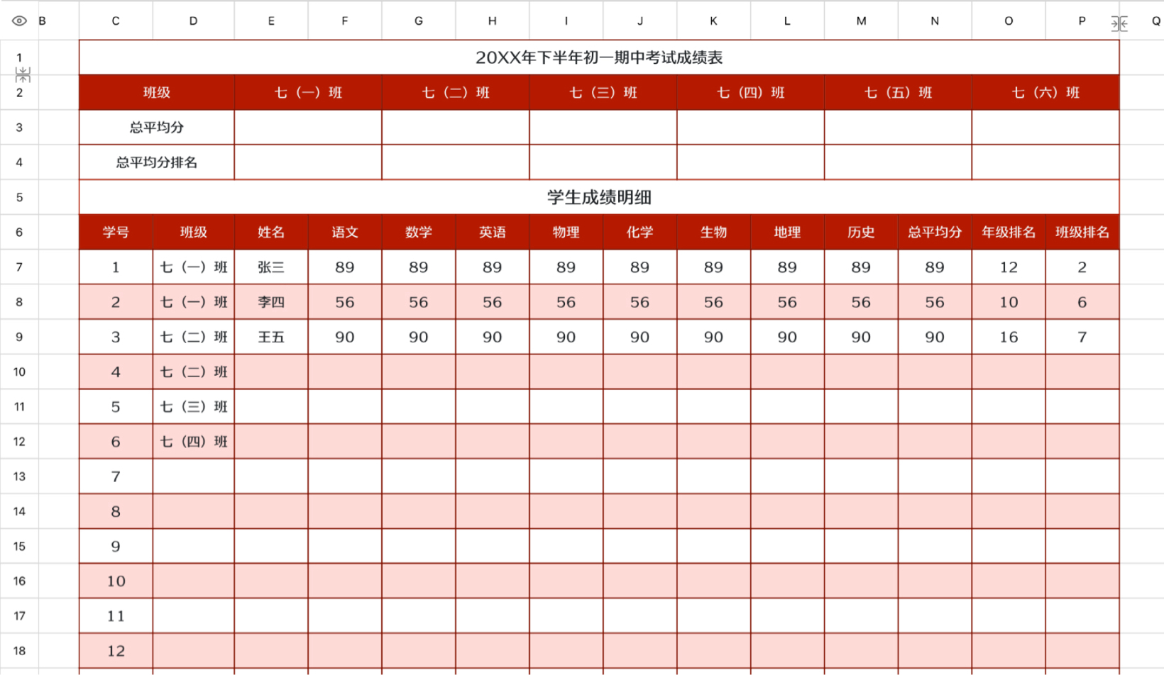 初中学生中考成绩表
