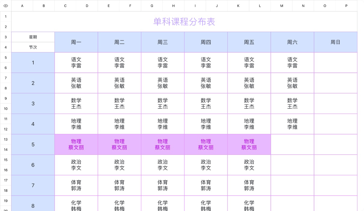 单科课程分布表