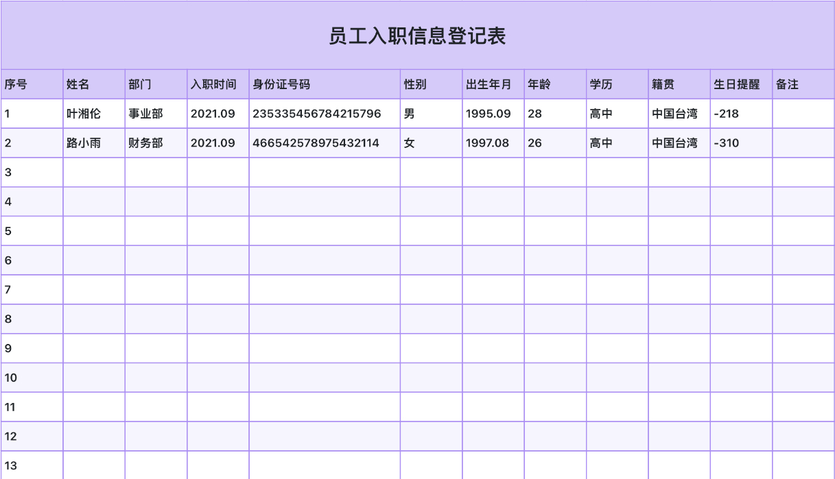 员工入职信息登记表