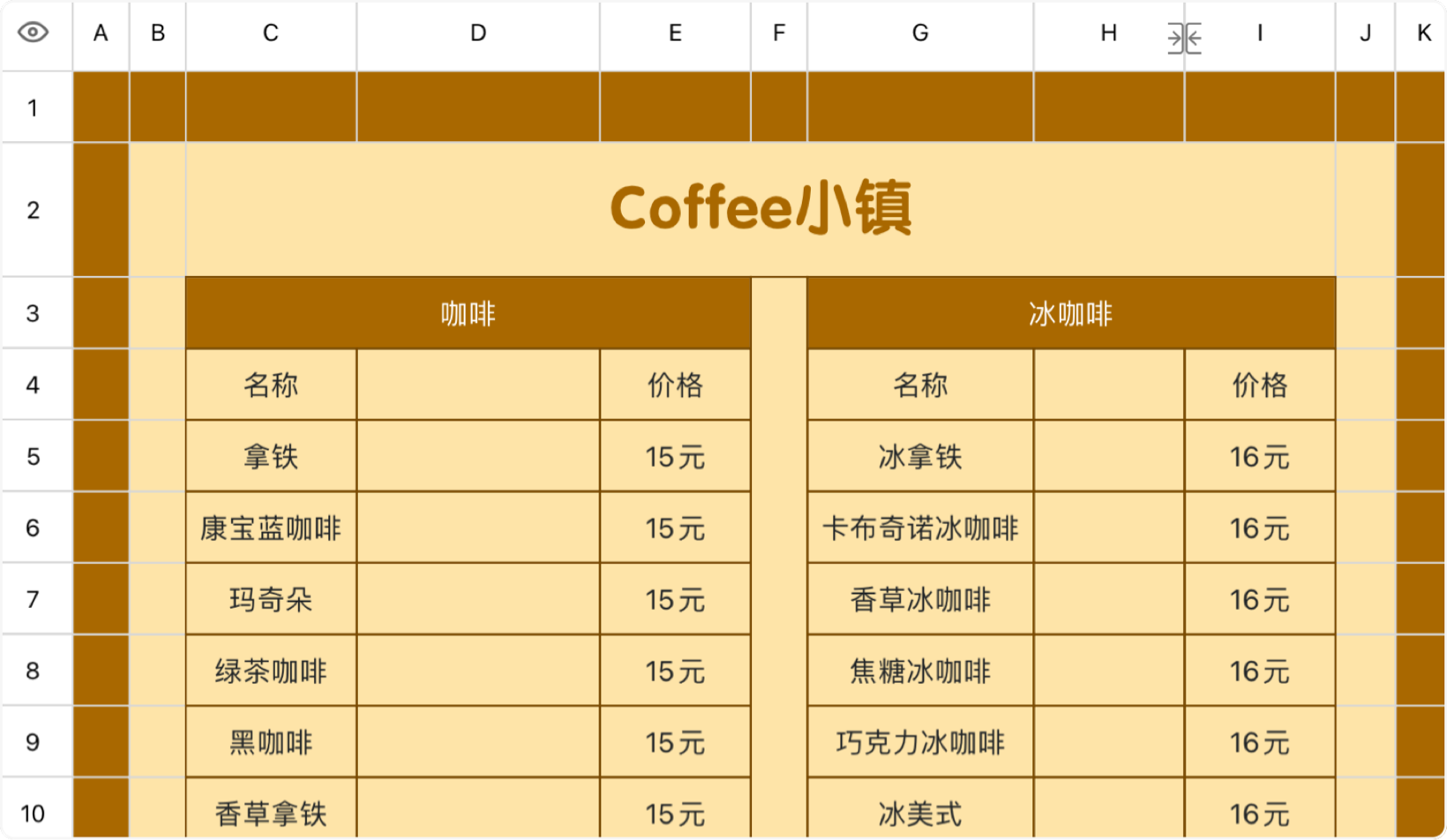 咖啡店价格表