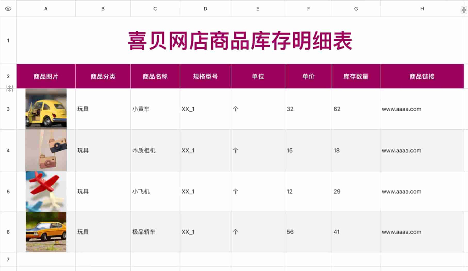喜贝网店商品库存明细表