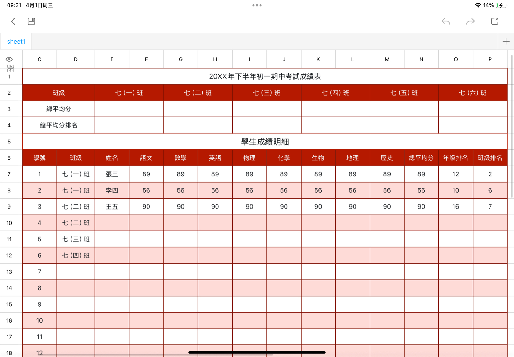 初中学生中考成绩表