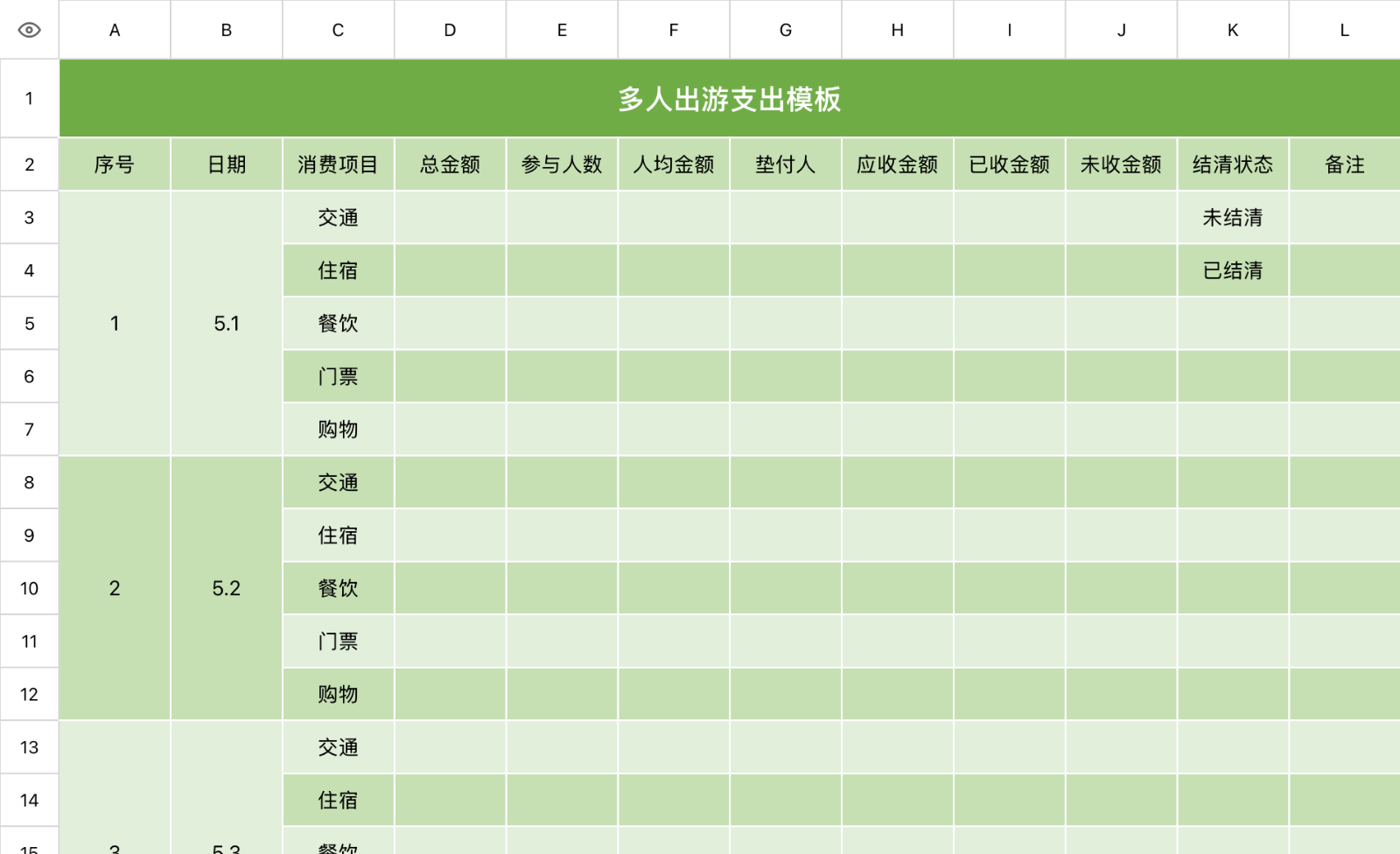 多人出游支出模板