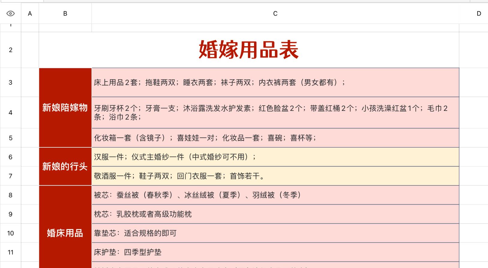 婚嫁用品表