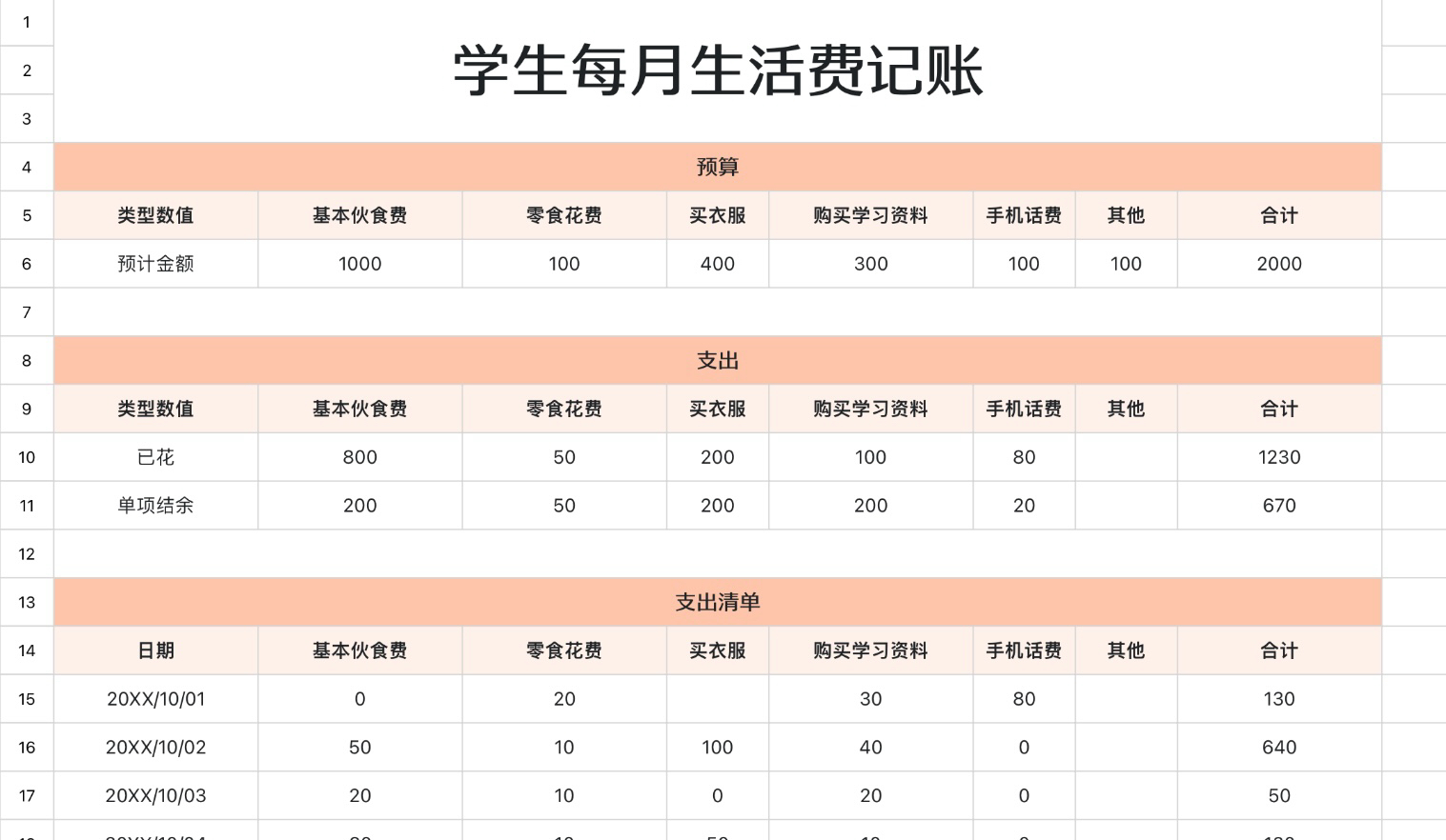 学生每月生活费记账