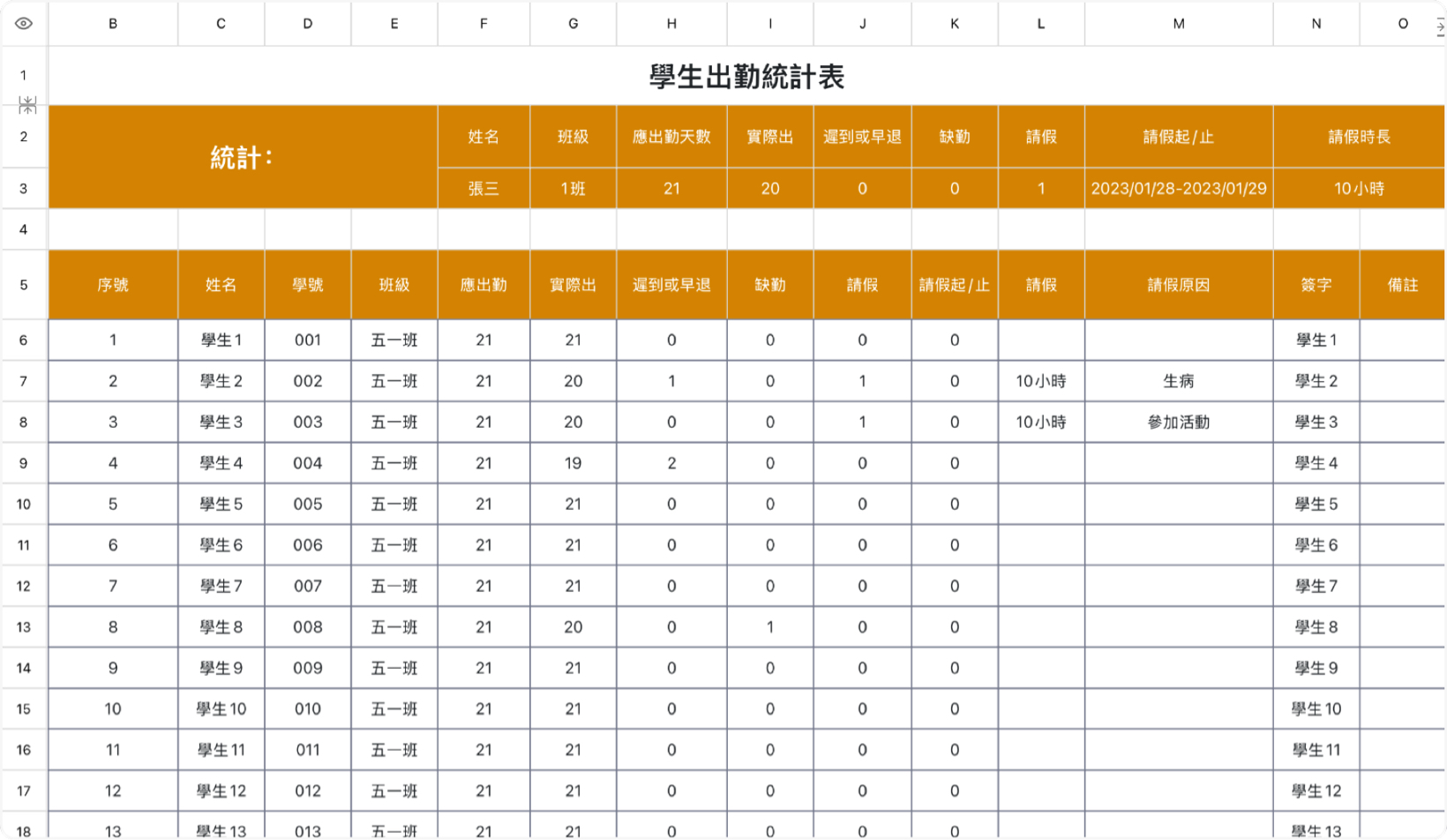 學生出勤統計表