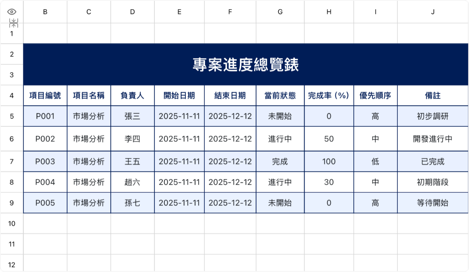 项目进度总览表