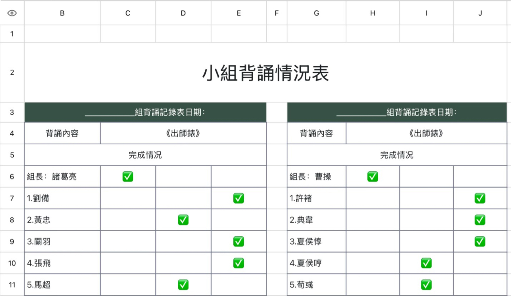 小组背诵情况表