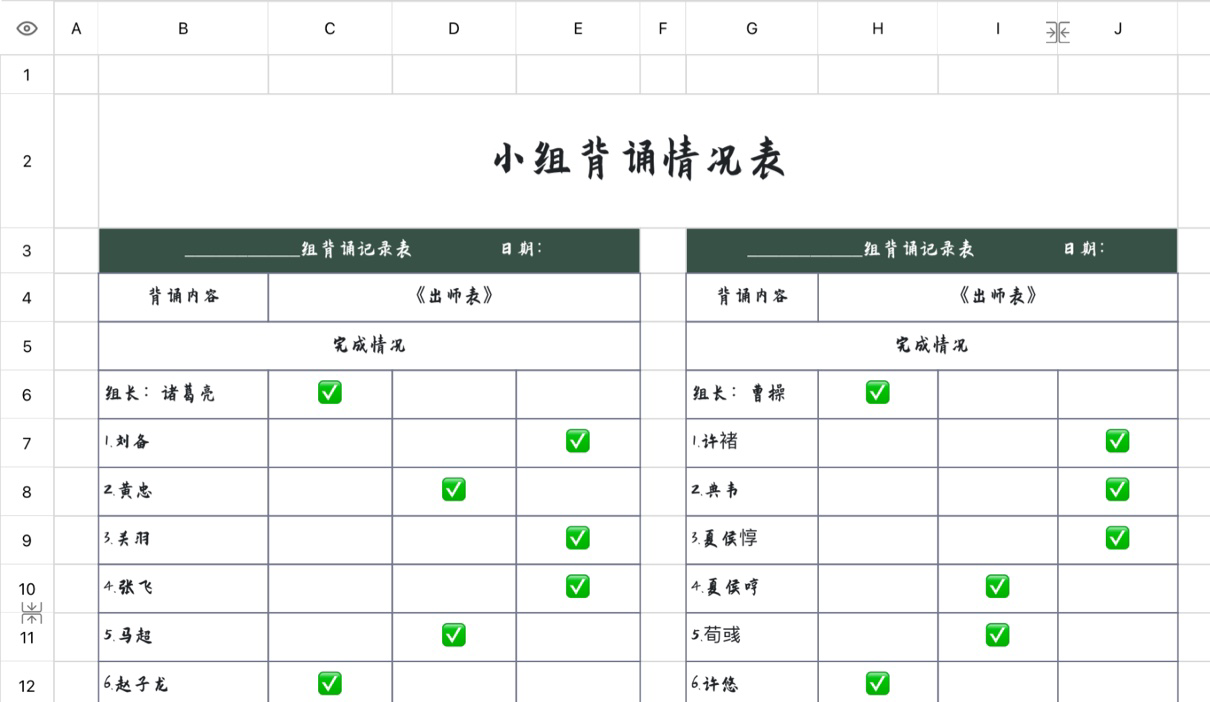 小组背诵情况表