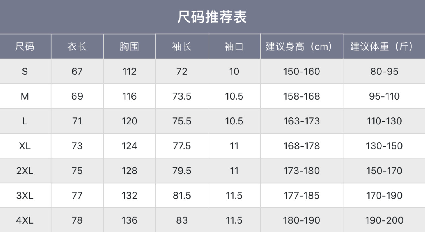 尺码推荐表