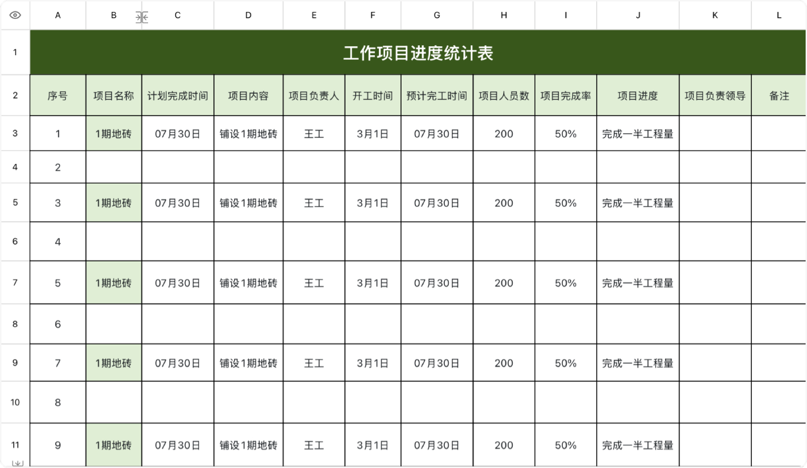 工作项目进度统计表