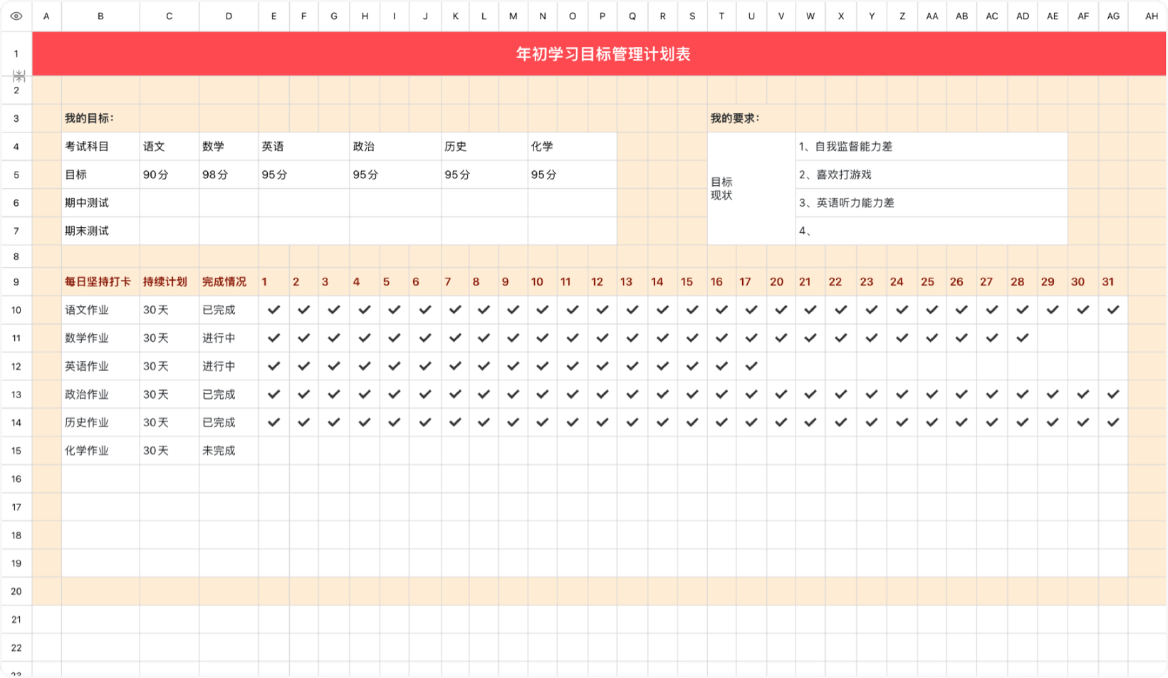 年初学习目标管理计划表