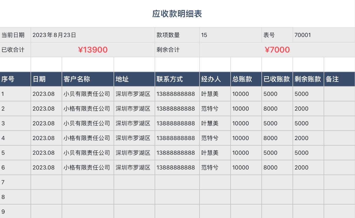 应收款明细表