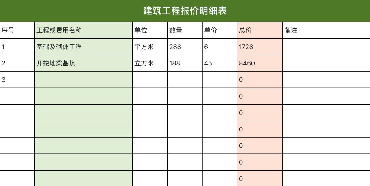建筑工程报价明细表（自动统计）
