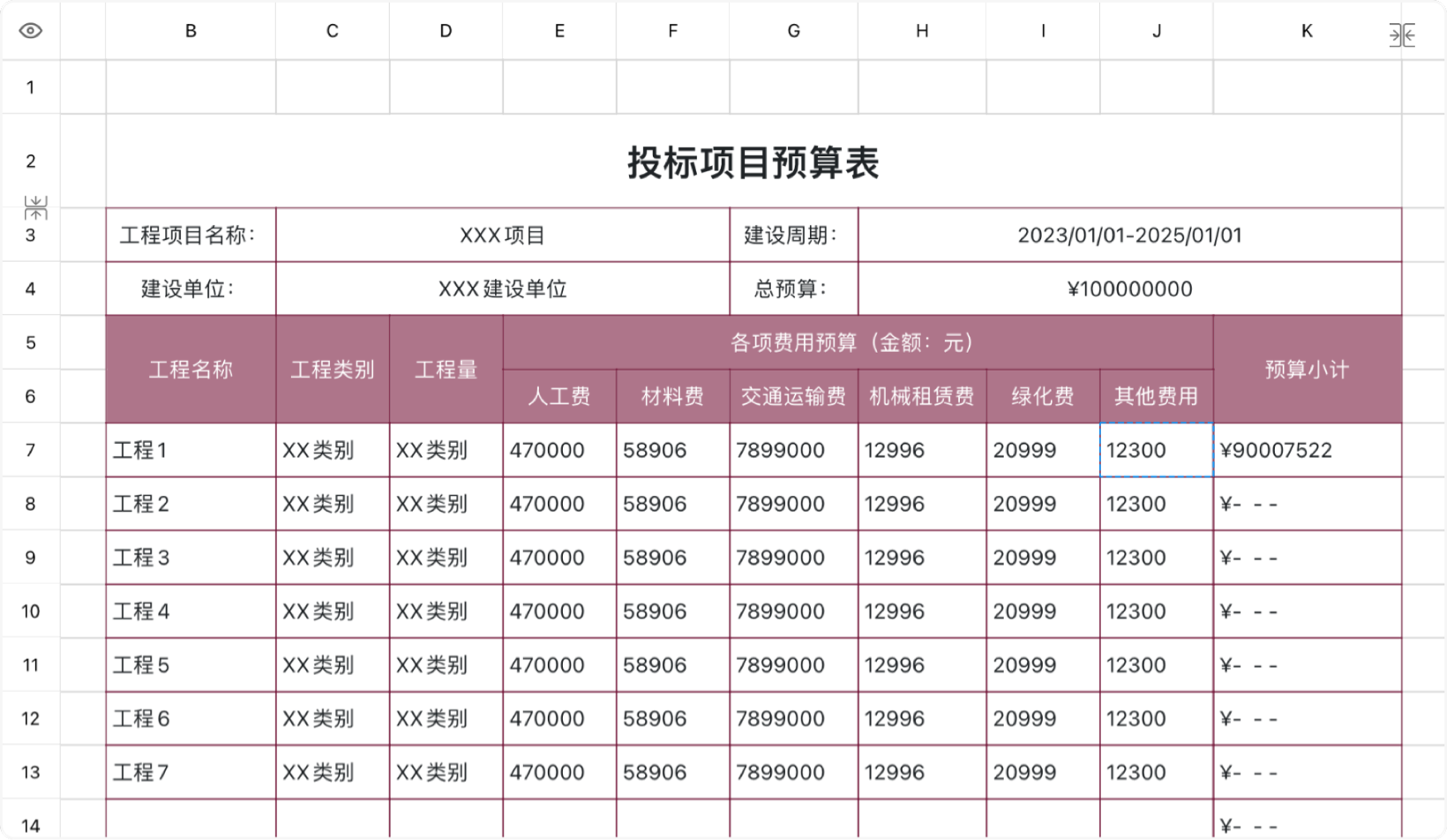 投标项目预算表