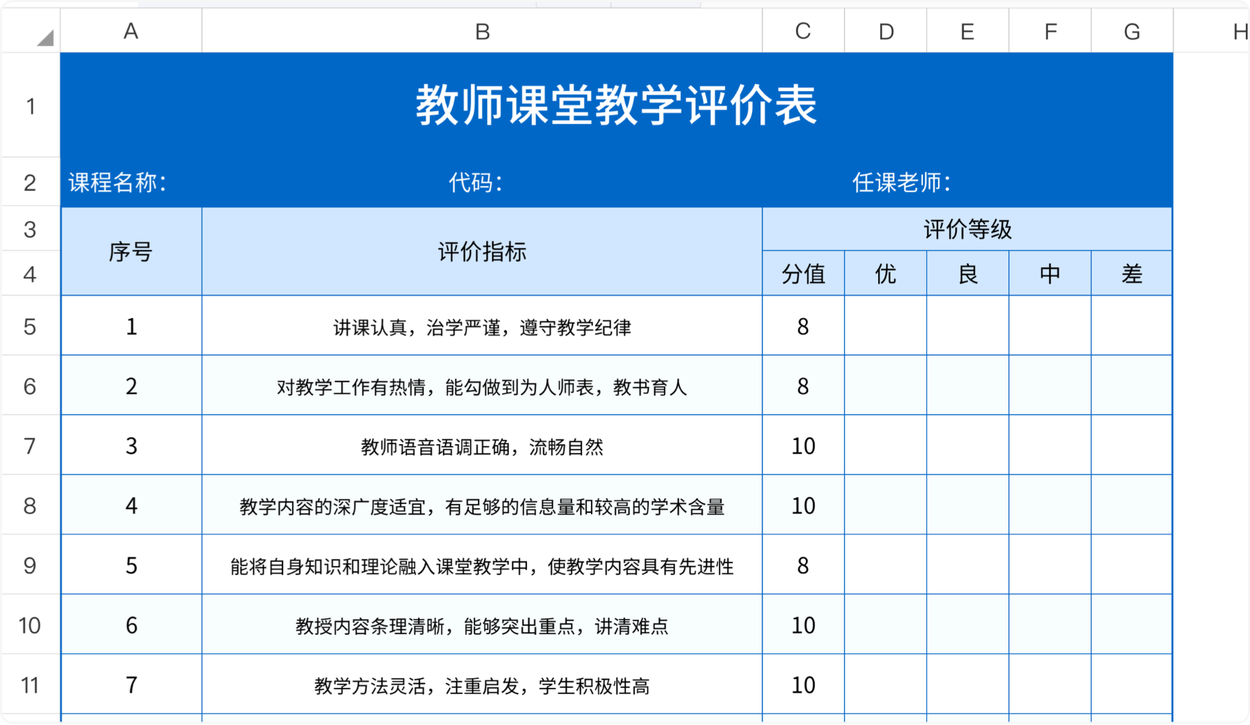 教师课堂教学评价表