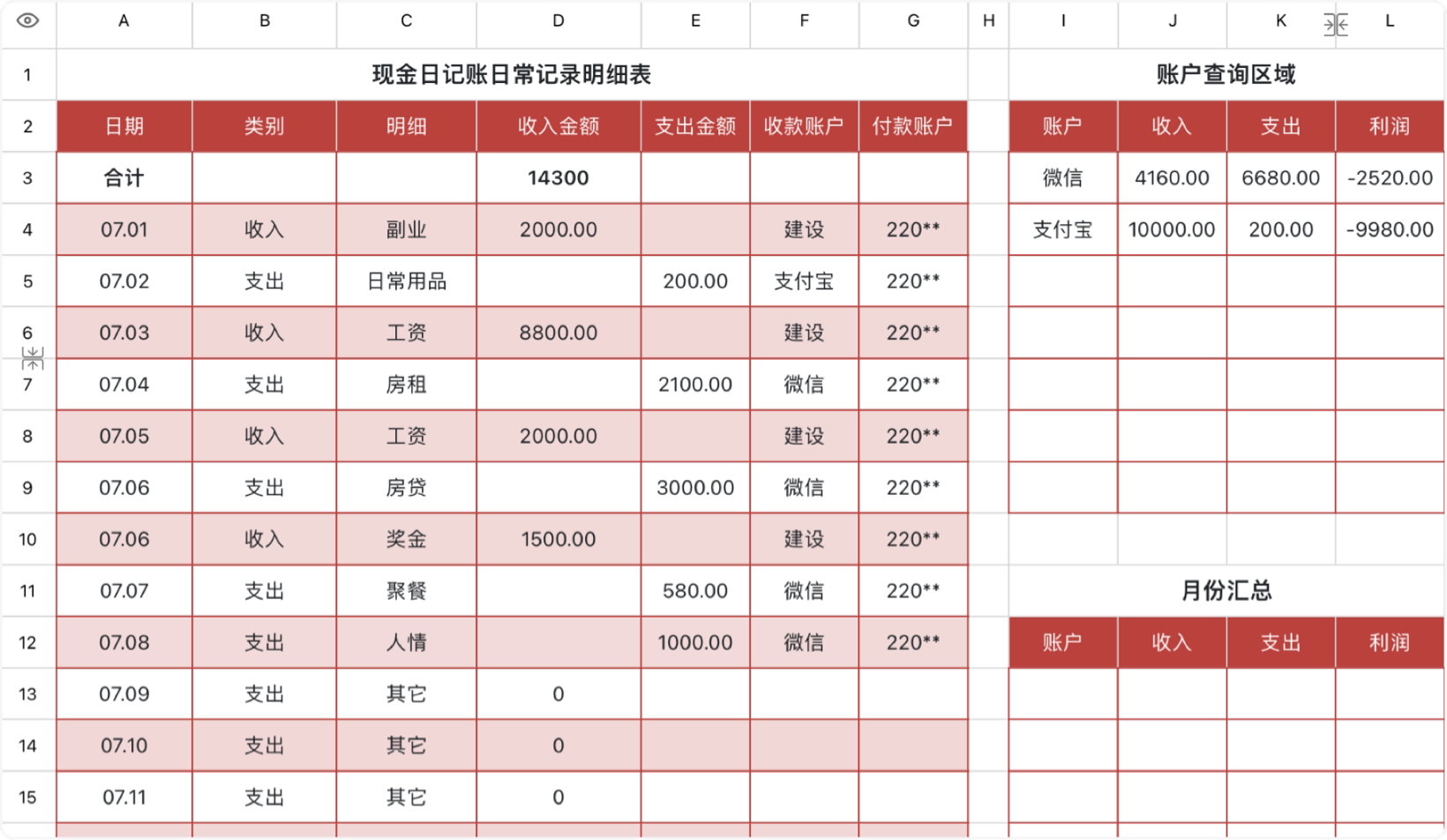 日常记账记录明细