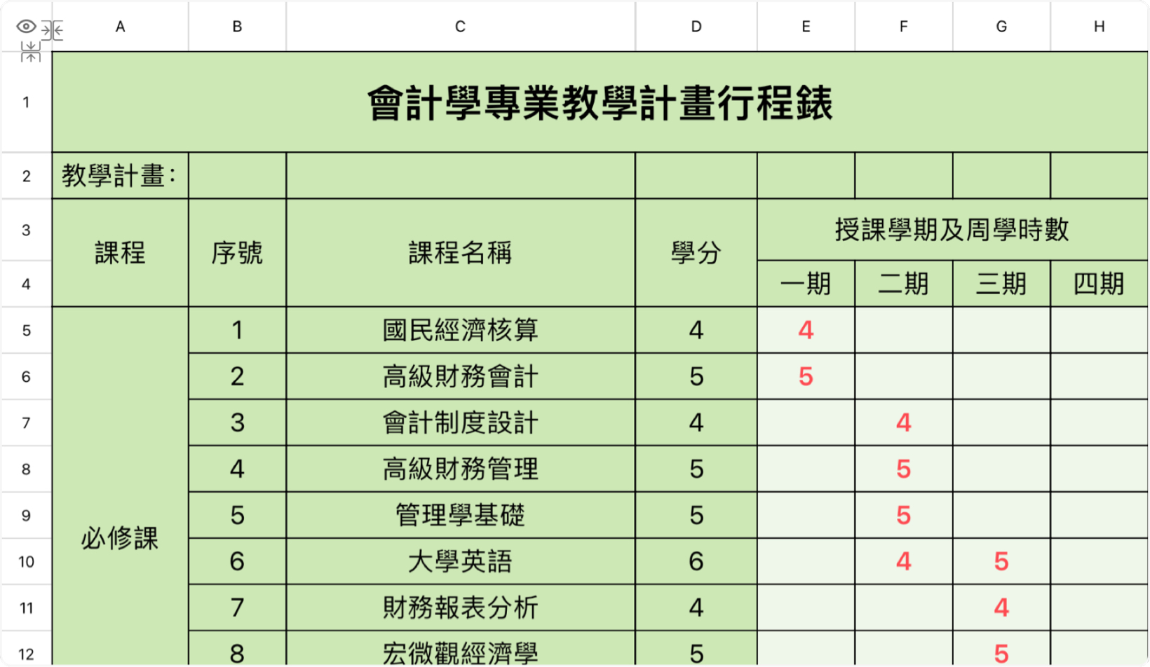 会计学专业教学计划表