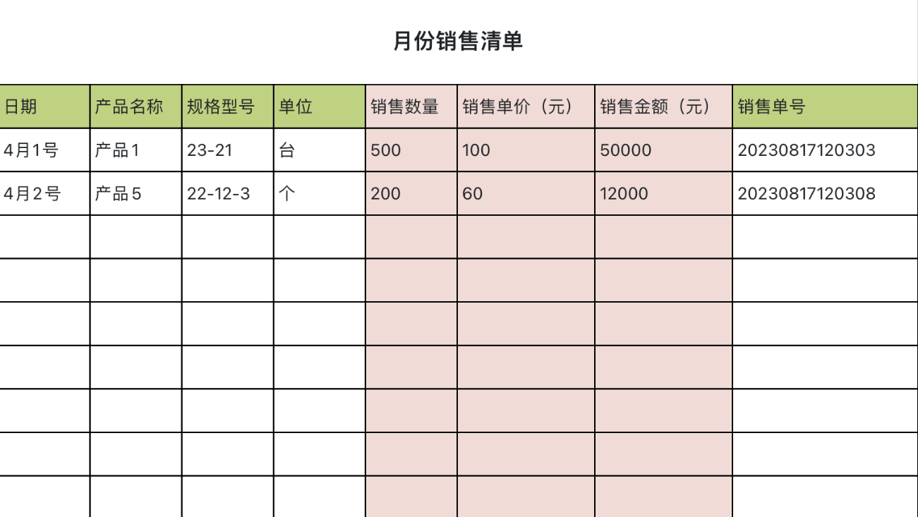 月份销售清单