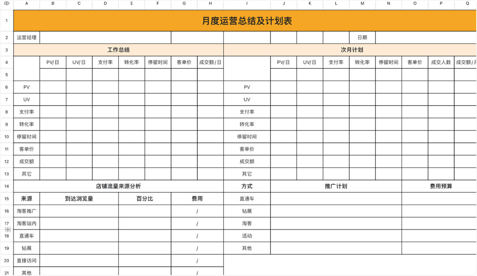 月度运营总结计划表