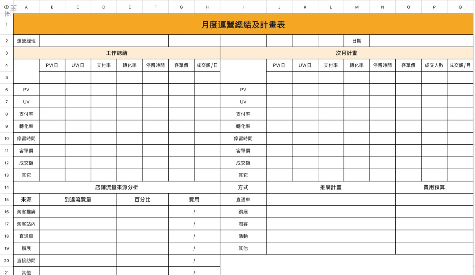 月度运营总结计划表