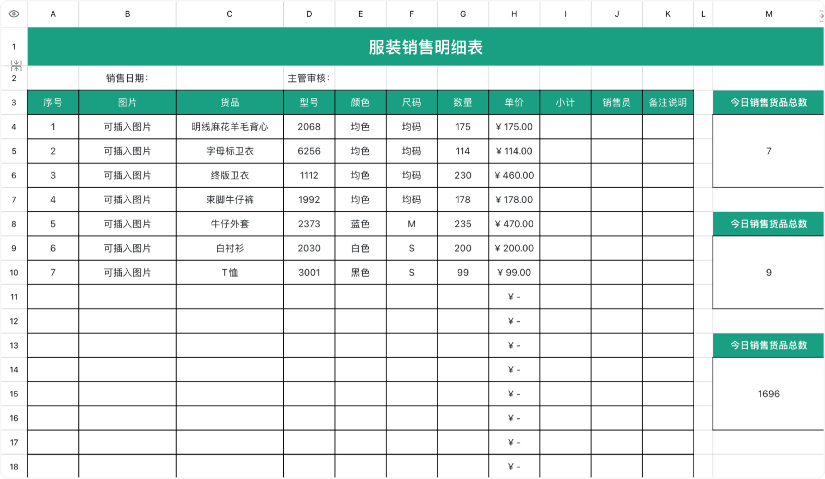 服装销售明细表