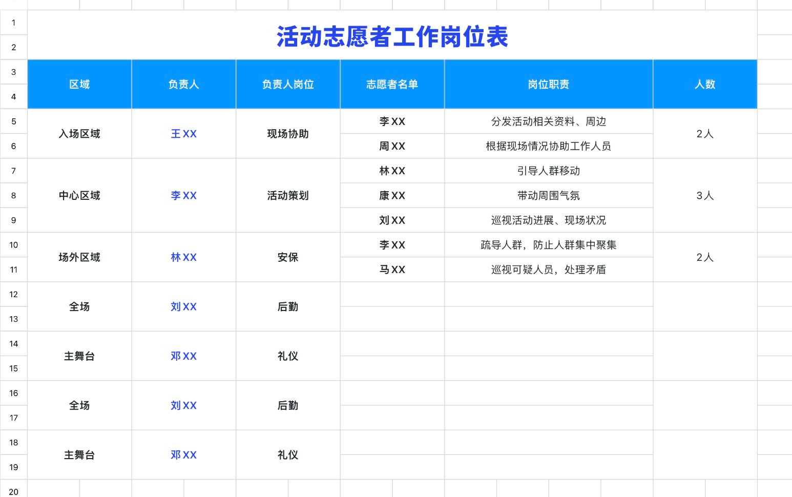活动志愿者工作岗位表