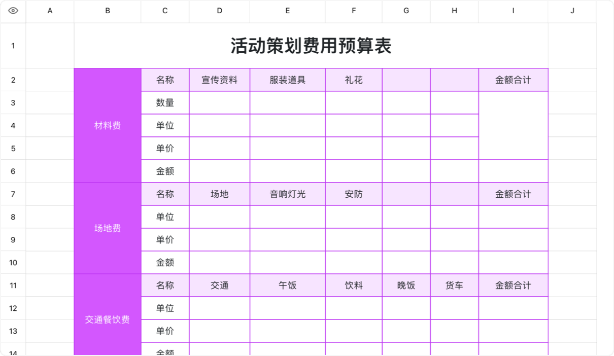 活动策划费用预算表