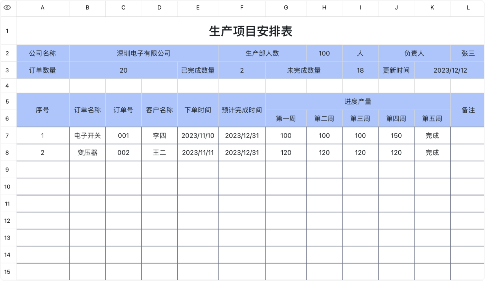 生产项目安排表