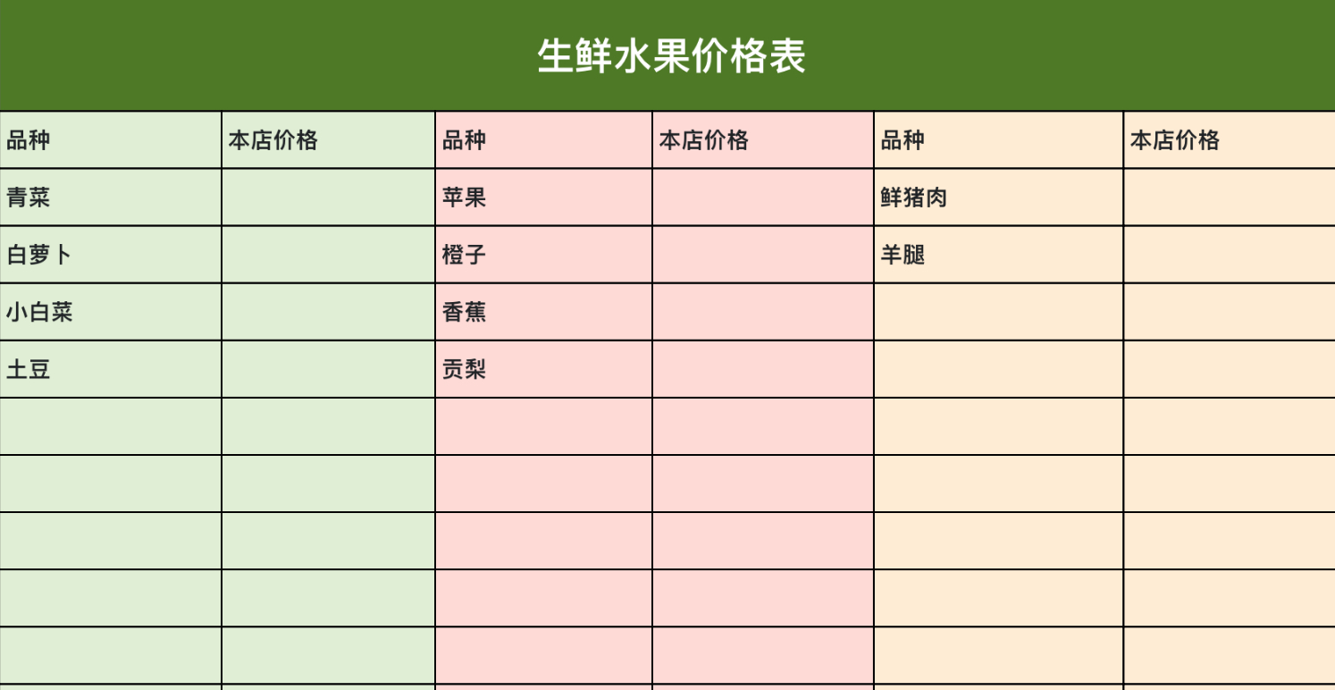 生鲜水果价格表