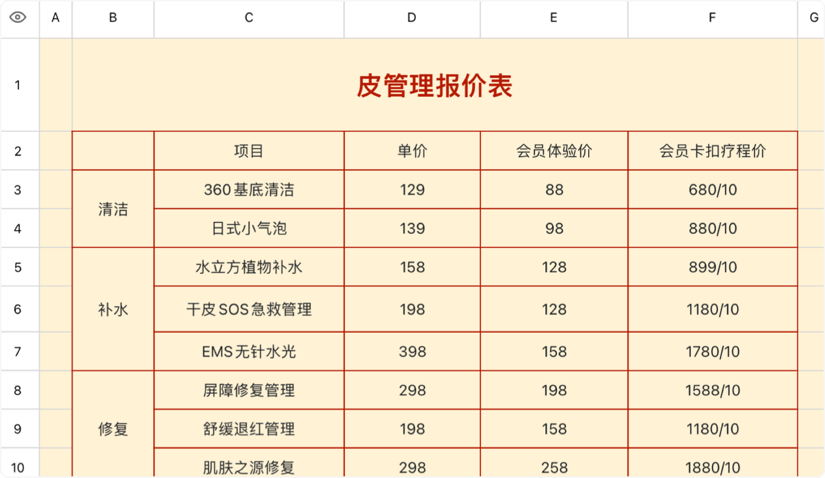 皮肤管理报价表