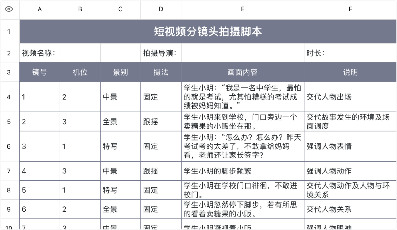 短视频分镜头拍摄脚本