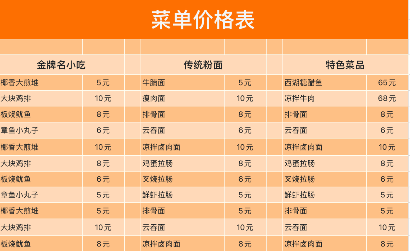 美食菜单价格表