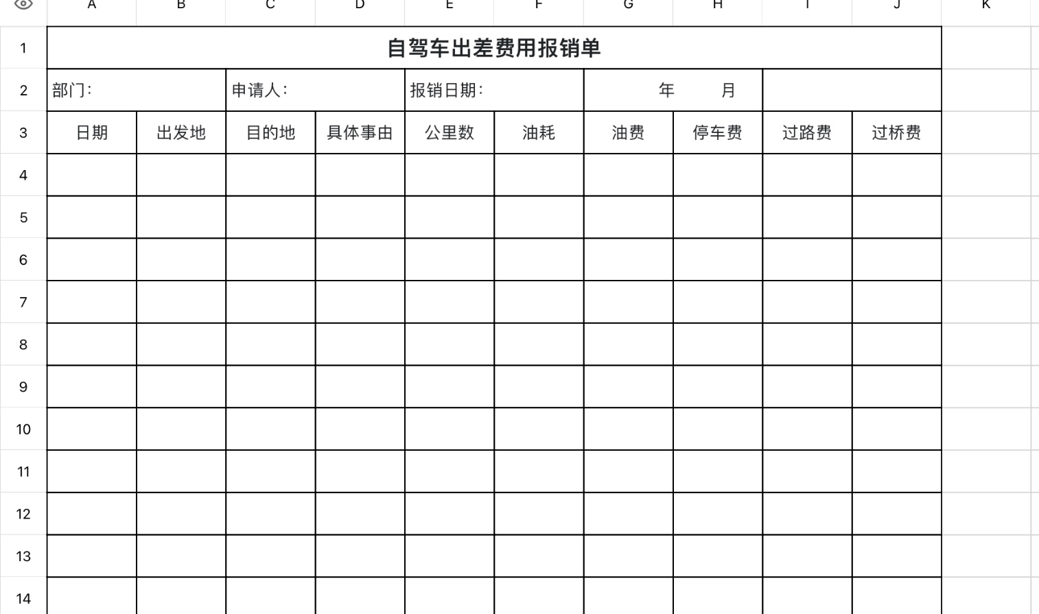 自驾车出差费用报销表