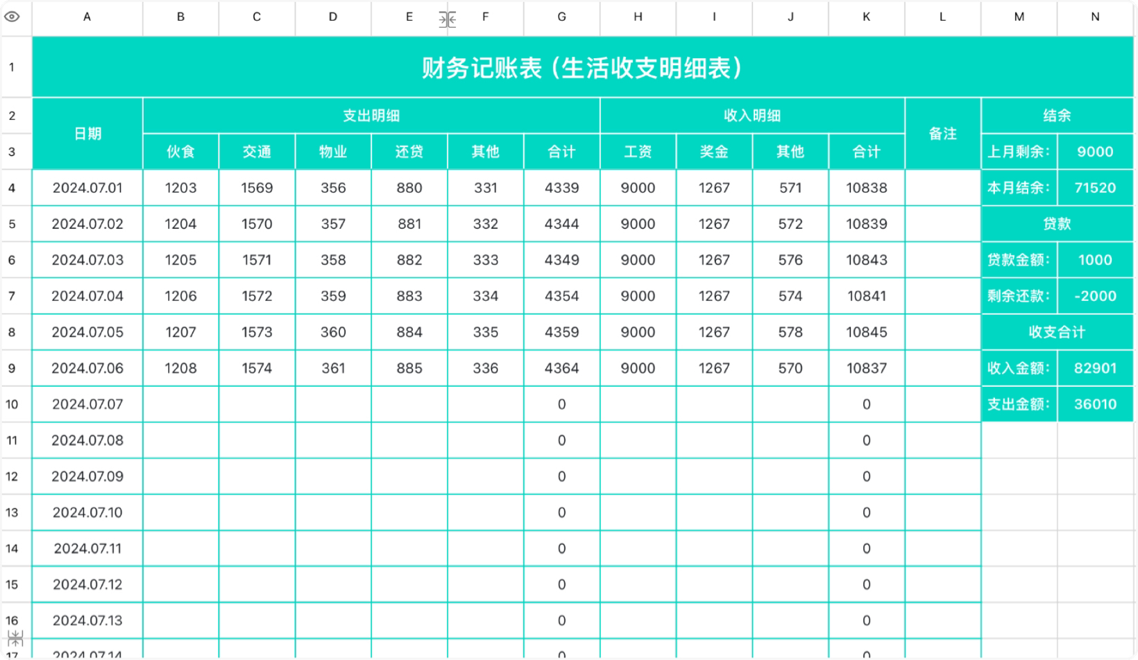 财务记账表（生活收支明细表）
