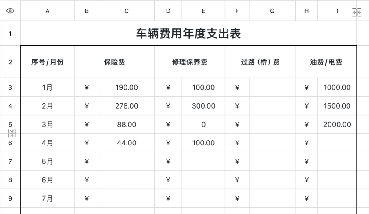 车辆费用年度支出表