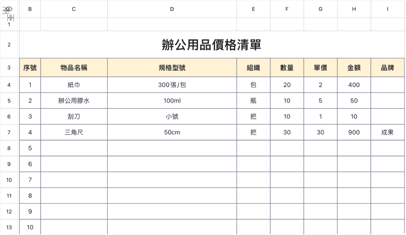 辦公用品價格清單
