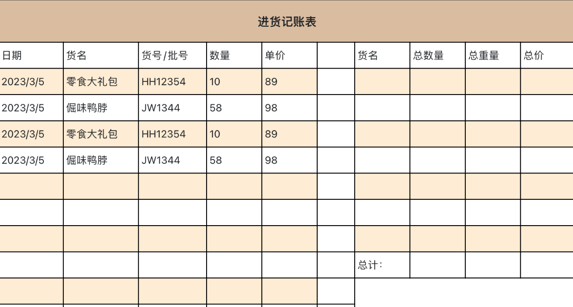 进货记账表