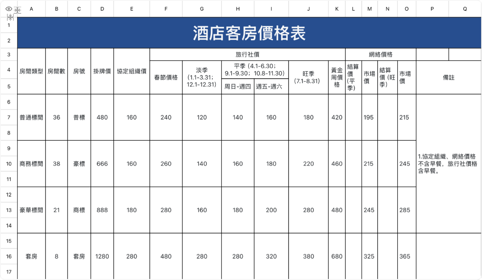 酒店客房价格表