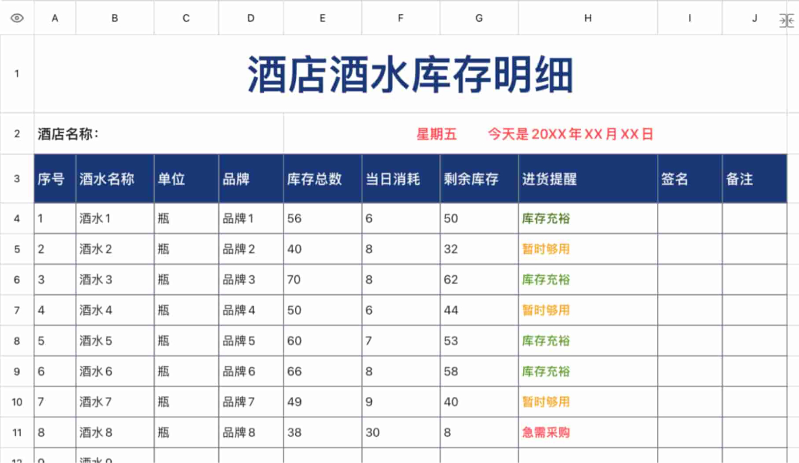 酒店酒水库存明细
