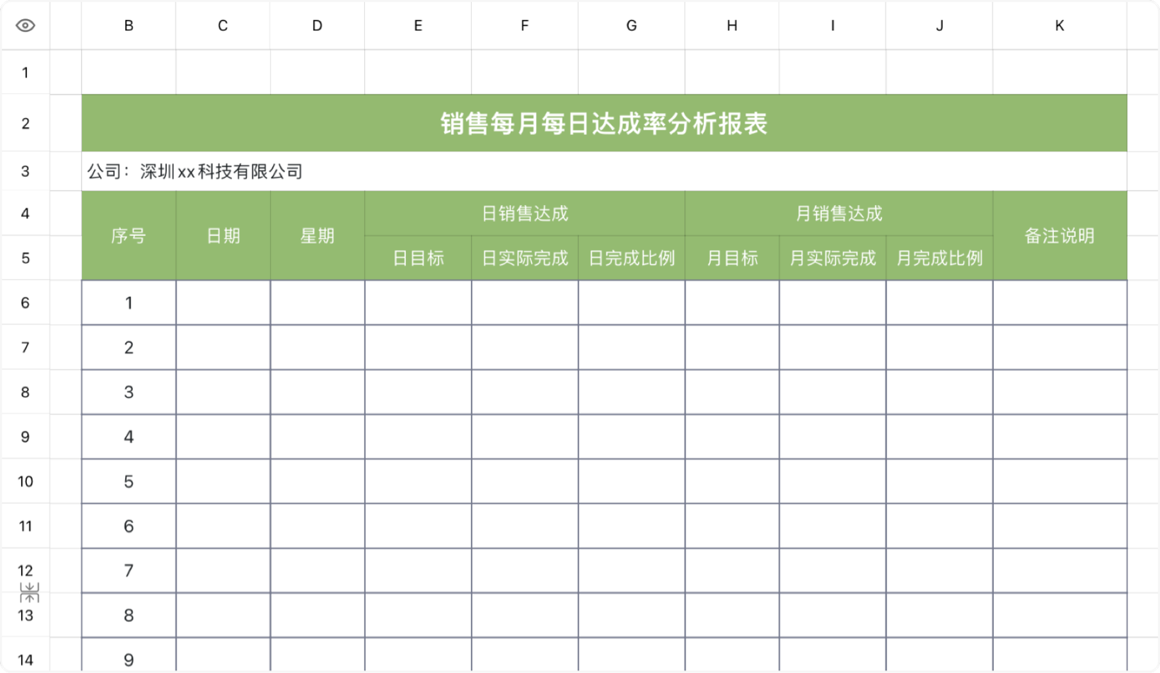 销售每月每日达成率分析表